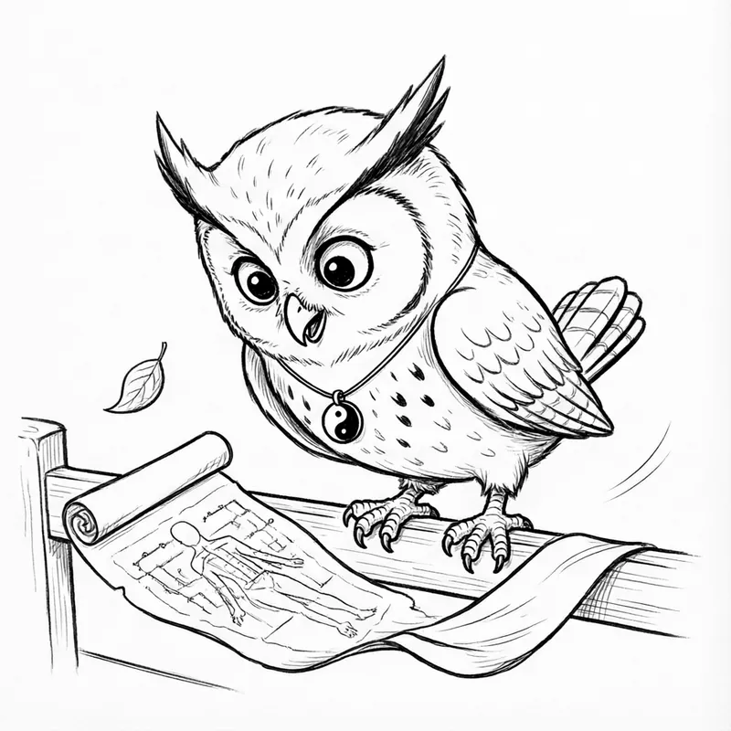Ollie the screech owl reads an unrolled channel map like a scroll