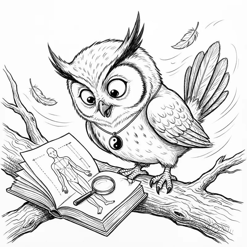 Ollie the screech owl studies a dotted-line diagram in an open book with a magnifying glass