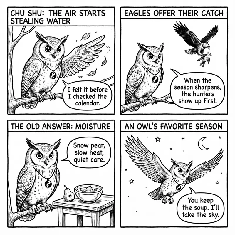 Ollie the screech owl perched on a branch as the air turns dry after Chu Shu, eagles offering birds above, pear soup on a small table, and Ollie flying under a crescent moon