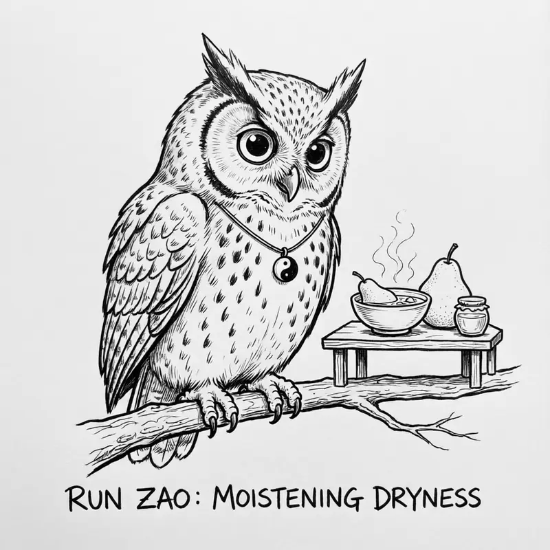 Ollie the screech owl beside a bowl of pear soup and a snow pear, caption Run Zao: Moistening Dryness