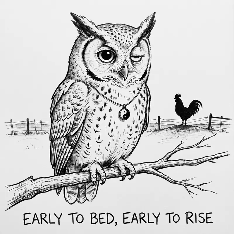 Ollie the screech owl sleepy at dawn while a rooster crows in the distance, caption Early to Bed, Early to Rise