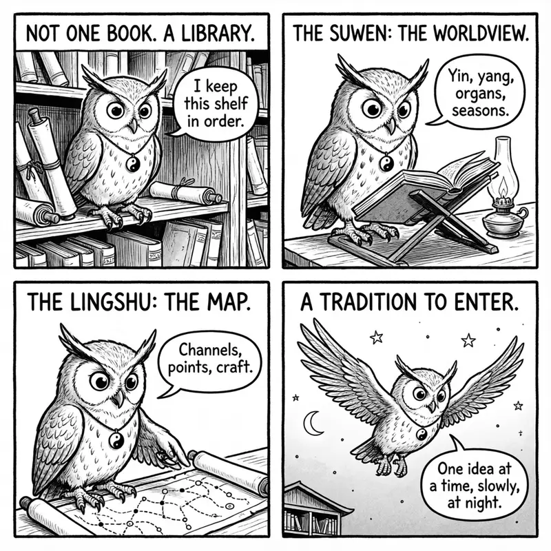 Ollie the screech owl keeping a library shelf of scrolls in order, reading the Suwen by lamplight, studying the Lingshu channel map, and flying under a crescent moon