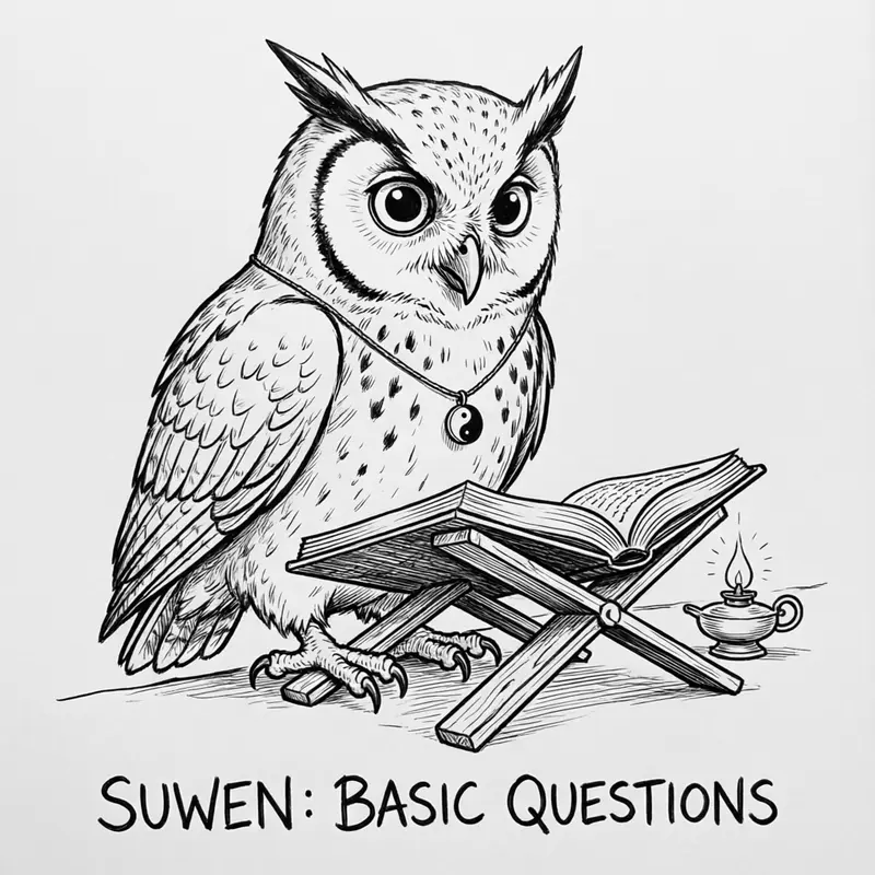 Ollie the screech owl reading an open book by lamplight, caption Suwen: Basic Questions