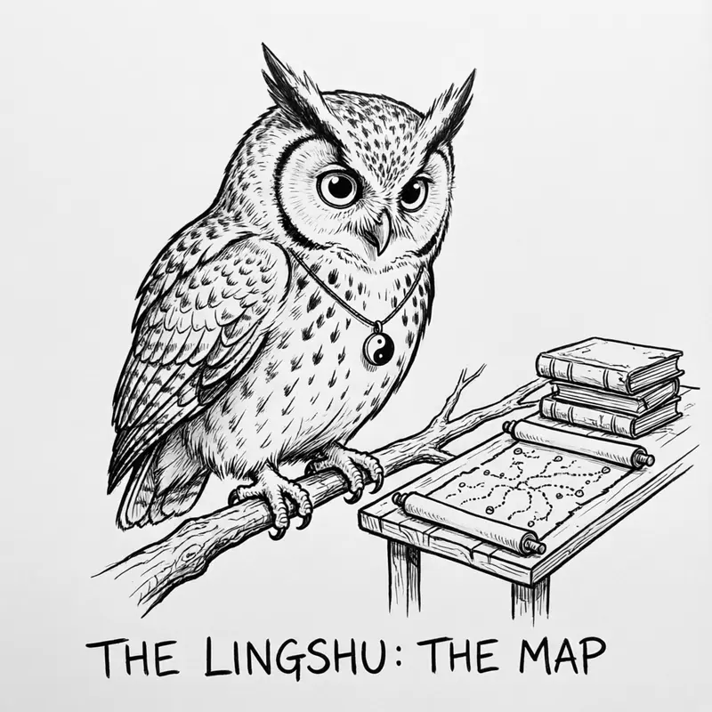 Ollie the screech owl studying an unrolled channel map with dotted lines and points, caption The Lingshu: The Map