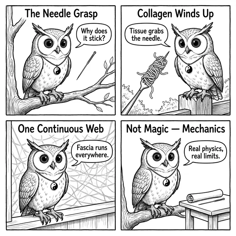 Ollie the screech owl and the needle grasp — collagen winding around the needle, the continuous web of fascia, and the honest mechanics, in four panels