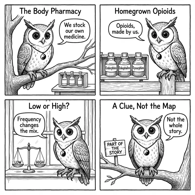 Ollie the screech owl at the body's pharmacy — homegrown opioids, a balance between low and high frequency, and a sign reading part of the story