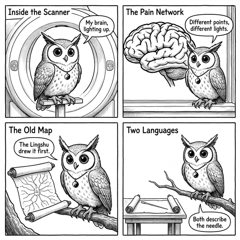 Ollie the screech owl inside an MRI scanner, a brain with a glowing pain network, the old Lingshu channel map, and a needle beside the scroll