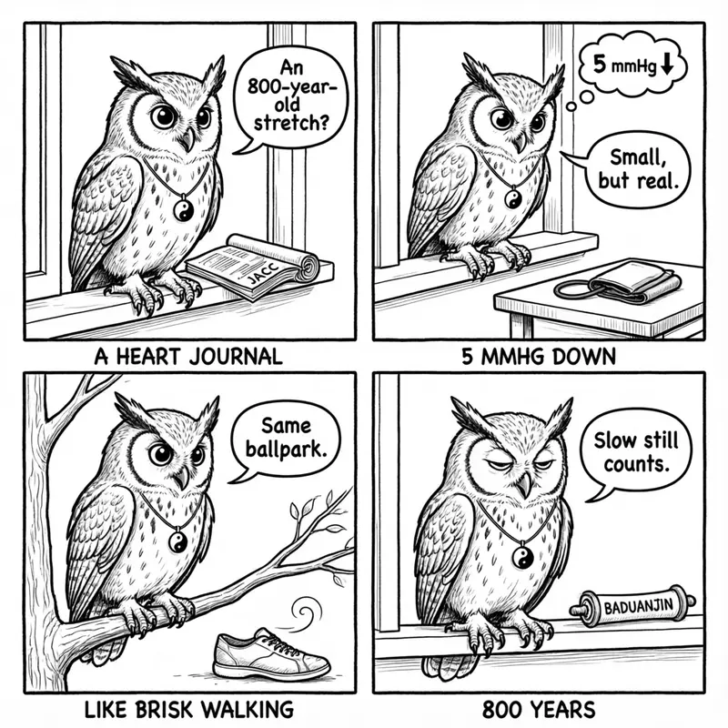 Ollie the screech owl reads the BLESS trial in a cardiology journal: a modest 5 mmHg drop, comparable to brisk walking, from an 800-year-old practice, in four panels