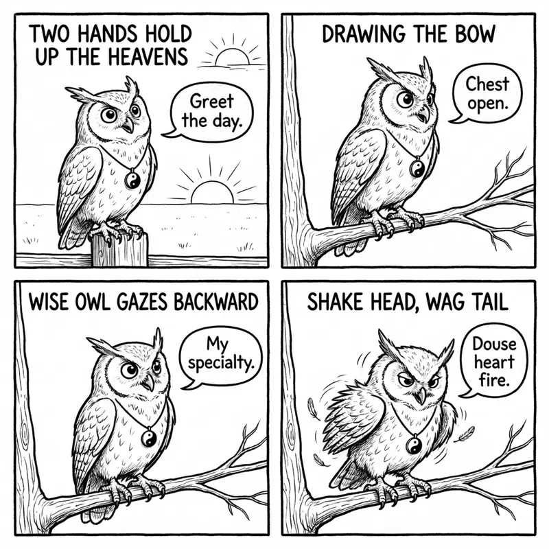Ollie the screech owl and four of the eight Baduanjin movements: holding up the heavens, drawing the bow, gazing backward, and shaking off heart fire