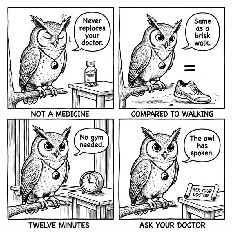 Ollie the screech owl and the honest limits of Baduanjin: not a medicine, comparable to walking, twelve minutes a day, and a reminder to ask your doctor