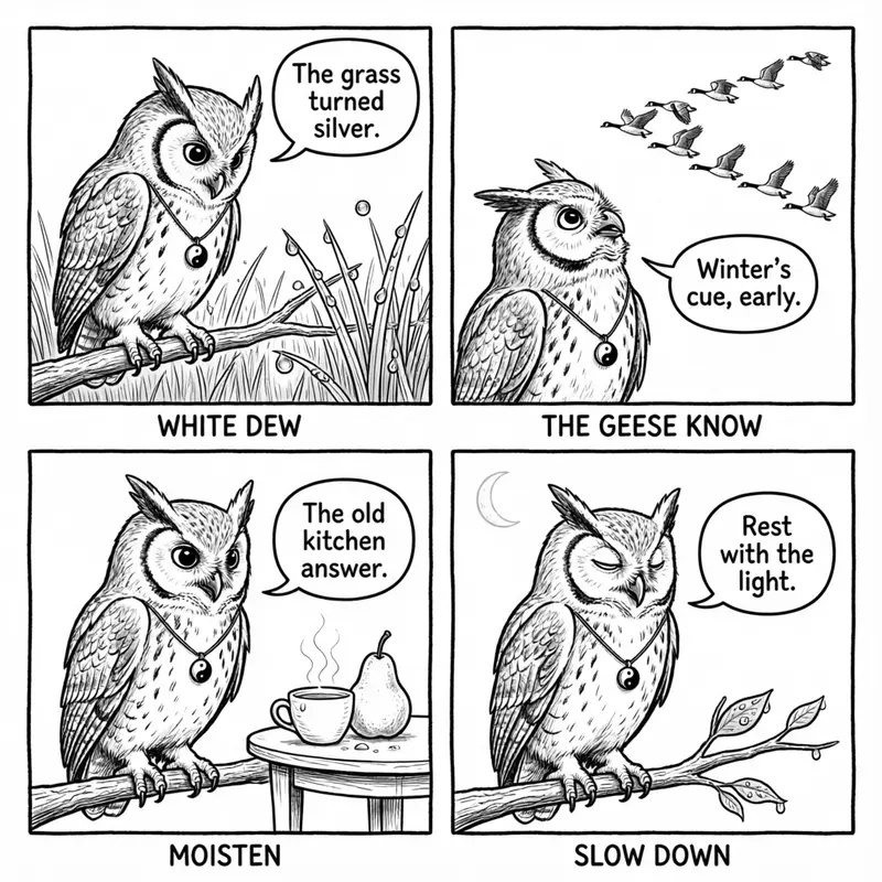 Ollie the screech owl at dawn, watching silver dew on the grass, geese flying south, and the season turning cool, in four panels