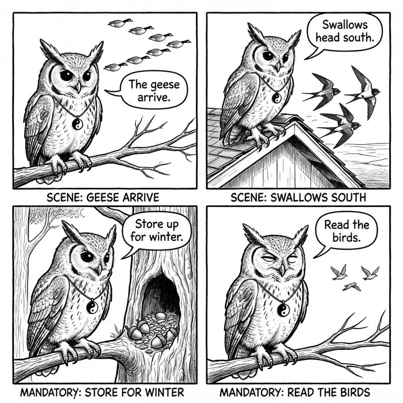 Ollie the screech owl and the three bird signs of White Dew: geese arriving, swallows going south, and birds storing food for winter, in four panels