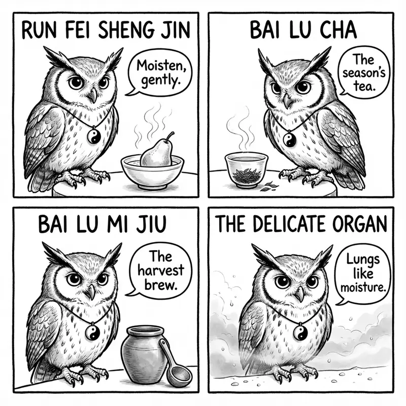 Ollie the screech owl and the season's kitchen: a steamed pear, White Dew tea, rice wine, and the lungs that like moisture, in four panels