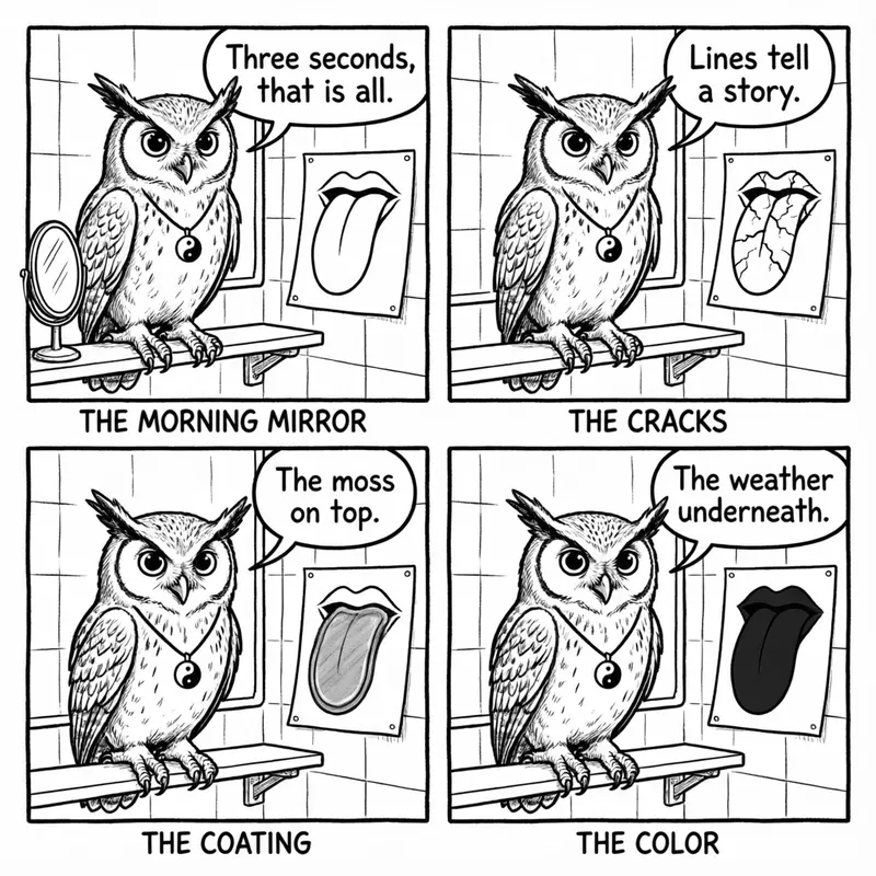 Ollie the screech owl and the morning mirror: reading cracks, coating, and color on a tongue chart, in four panels