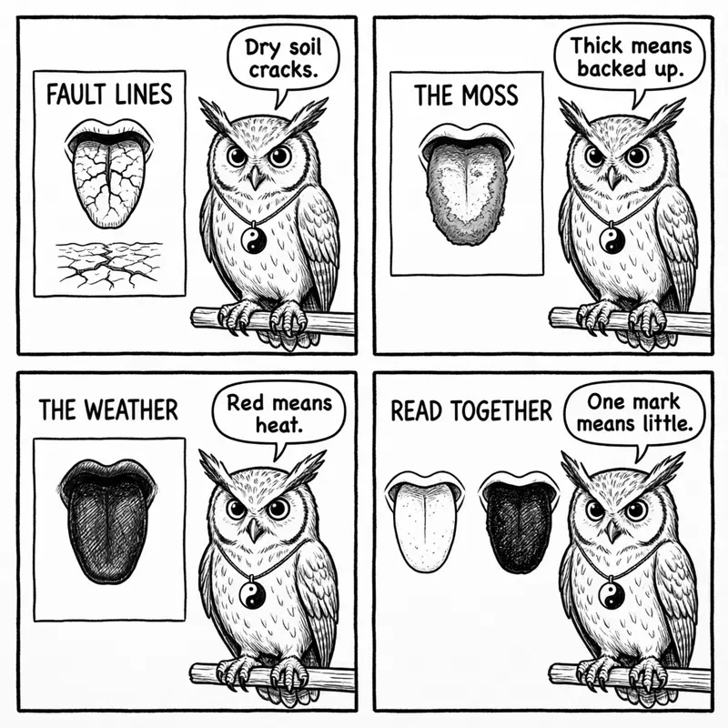 Ollie the screech owl and the three features: cracks like fault lines, the mossy coating, and the color underneath, in four panels