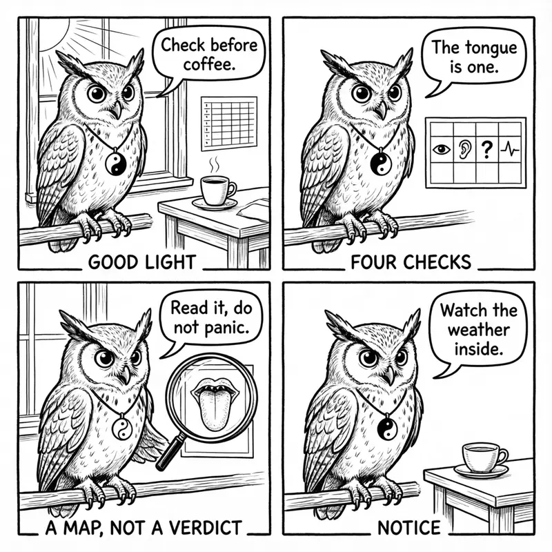 Ollie the screech owl and the practitioner's habits: good light, four checks, a map not a verdict, and a quiet cup of tea, in four panels