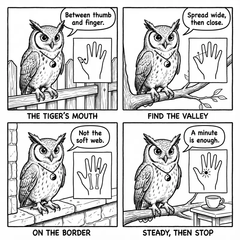 Ollie the screech owl and He Gu: the tiger's mouth, the valley between thumb and finger, the border of the second metacarpal, and a steady press, in four panels