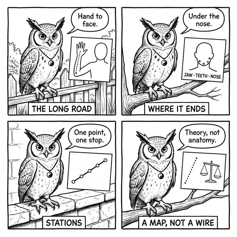Ollie the screech owl and the meridian map: hand to face, the jaw and nose, the stations along the line, and a map rather than a wire, in four panels