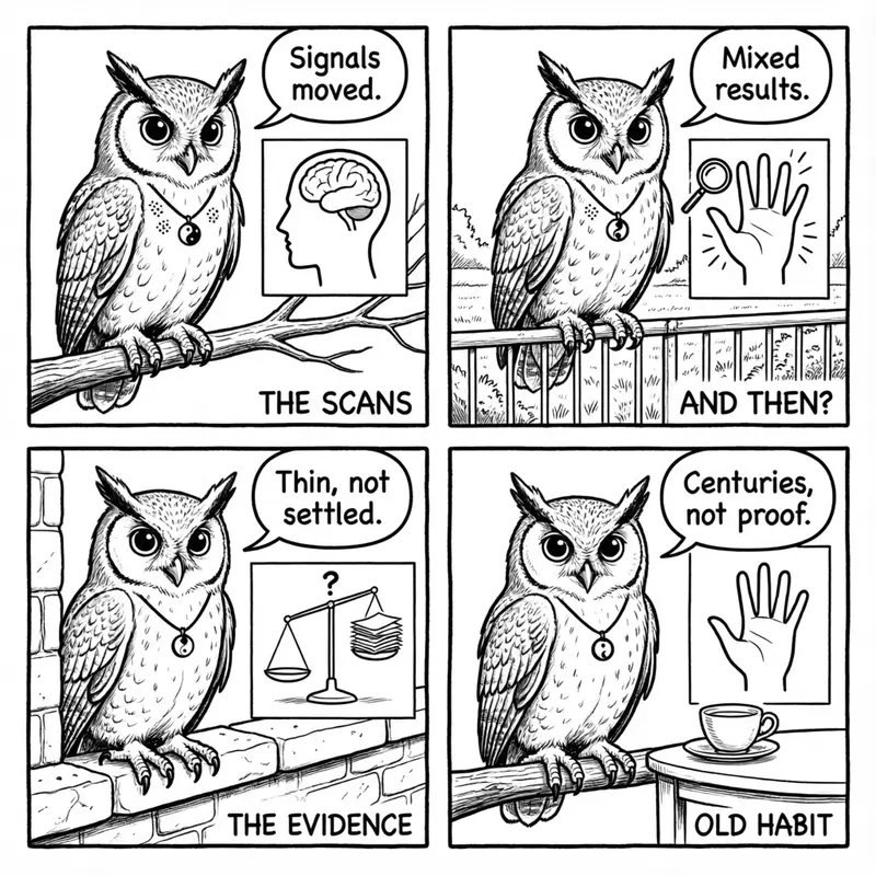 Ollie the screech owl and the evidence: brain scans, mixed trial results, thin evidence on the scale, and an old habit, in four panels