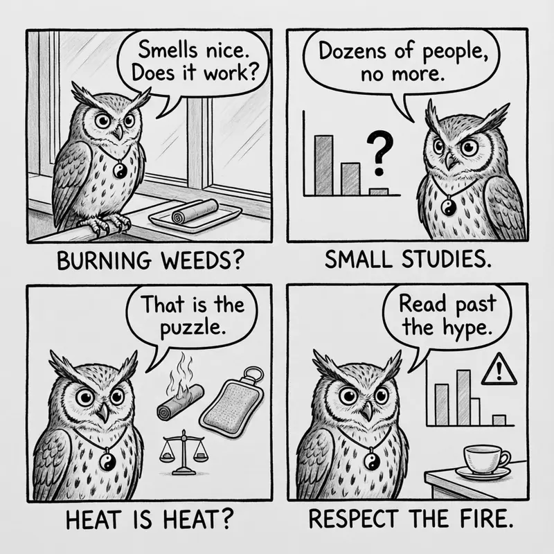 Ollie the screech owl and the moxibustion evidence: burning weeds, small studies, heat versus heat, and a warning to respect the fire, in four panels