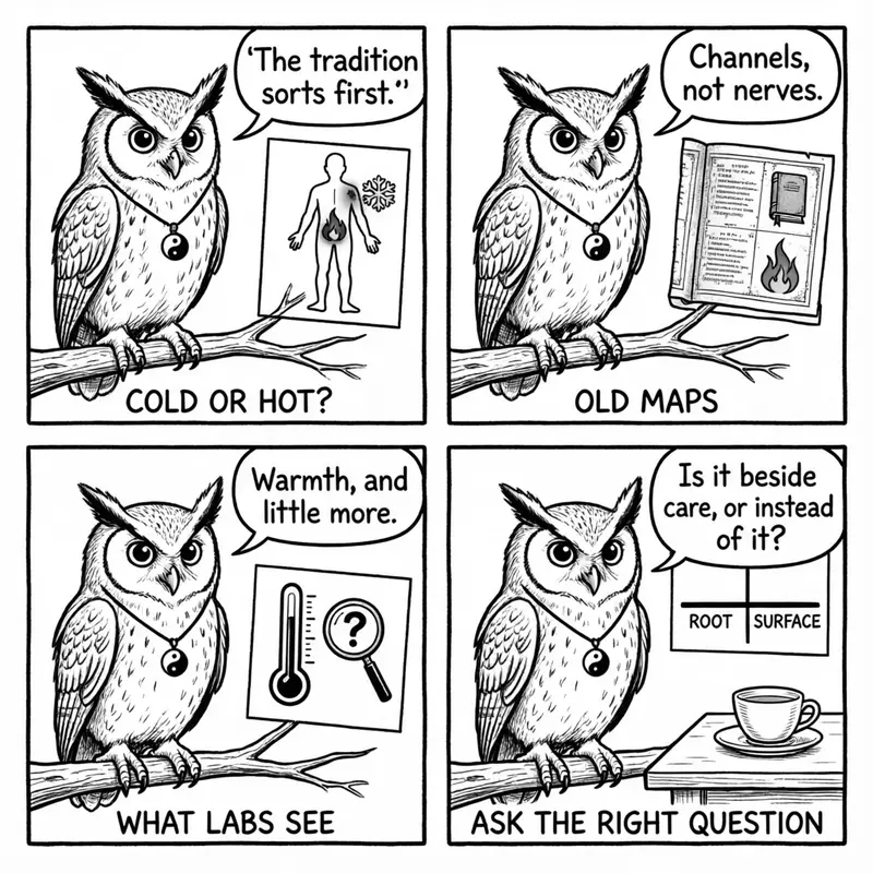 Ollie the screech owl and the tradition's sorting: cold or hot, old maps, what labs see, and the root-versus-surface question, in four panels