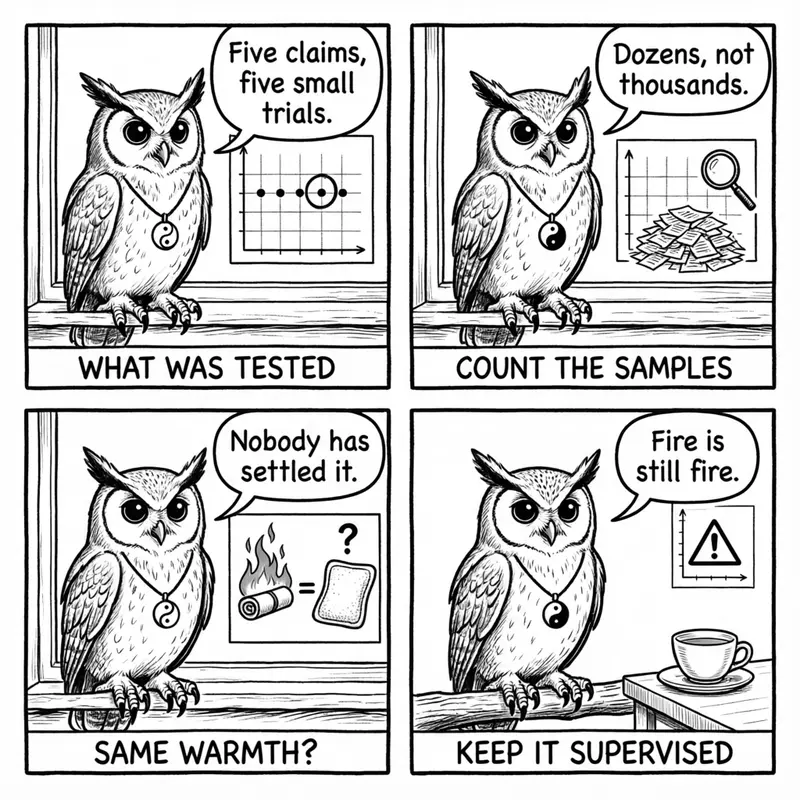 Ollie the screech owl and the safety audit: what was tested, count the samples, same warmth, and keep it supervised, in four panels