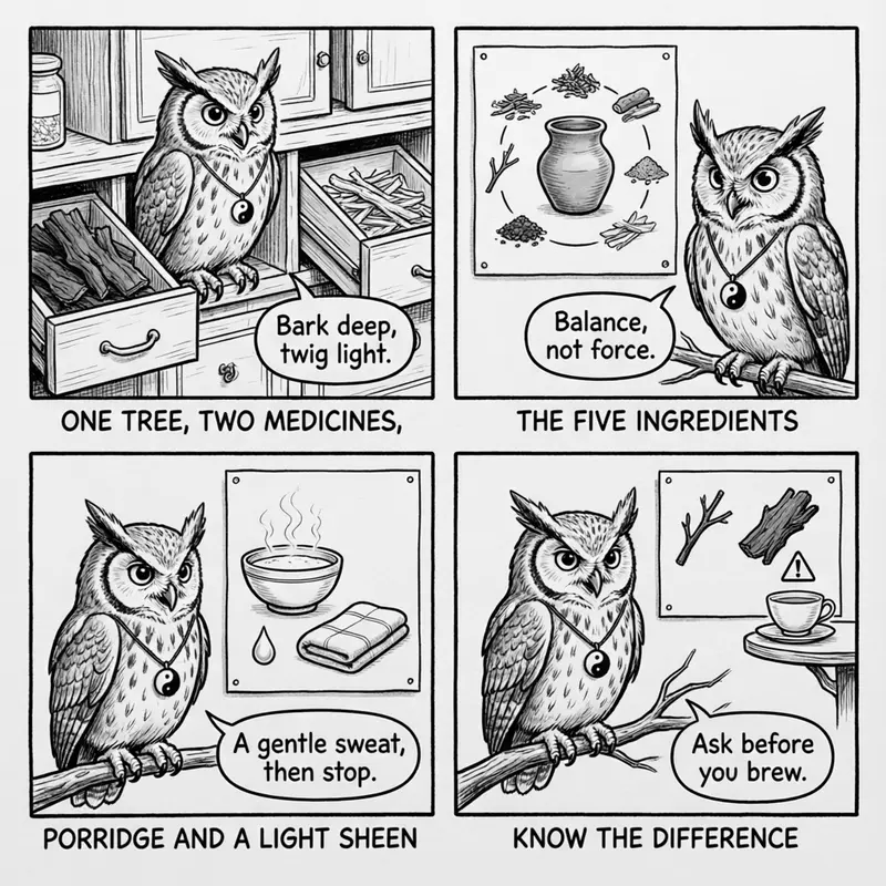 Ollie the screech owl in the apothecary: bark and twig, the five ingredients, porridge and a light sheen, and the difference between the two, in four panels
