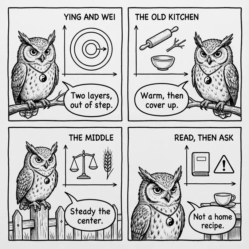 Ollie the screech owl and the harmonizing logic: ying and wei, the old kitchen, steadying the middle, and reading before asking, in four panels