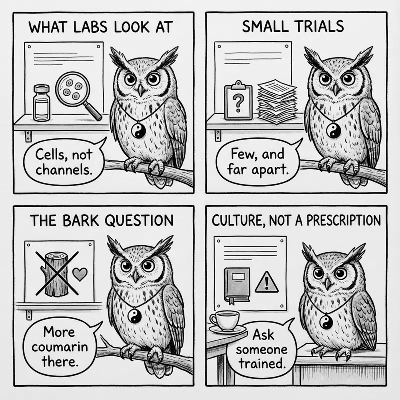 Ollie the screech owl and the evidence: what labs look at, small trials, the bark question, and culture rather than prescription, in four panels