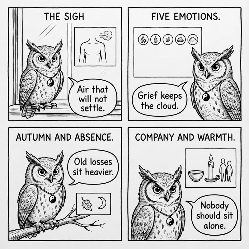 Ollie the screech owl and grief: the sigh, the five emotions, autumn and absence, and company and warmth, in four panels
