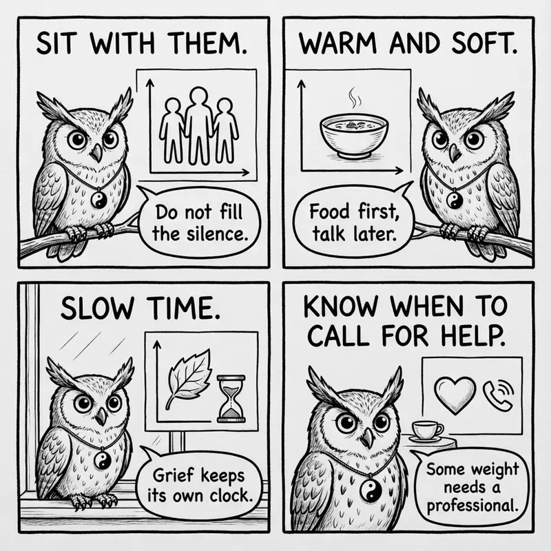 Ollie the screech owl and caring for sorrow: sitting with the grieving, warm and soft food, slow time, and knowing when to call for help, in four panels