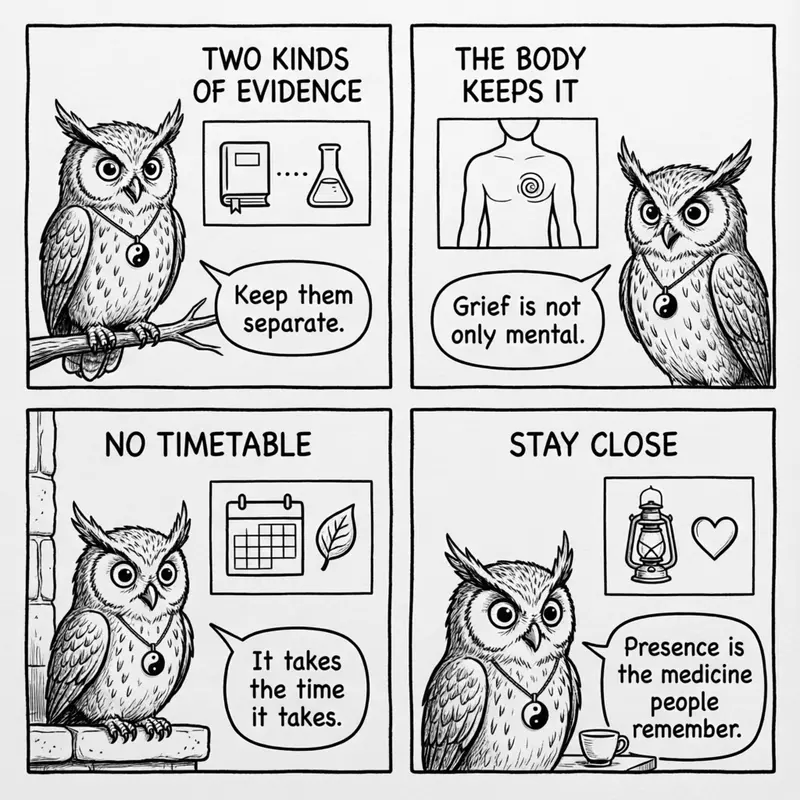 Ollie the screech owl and the honest limits: two kinds of evidence, the body keeps it, no timetable, and staying close, in four panels
