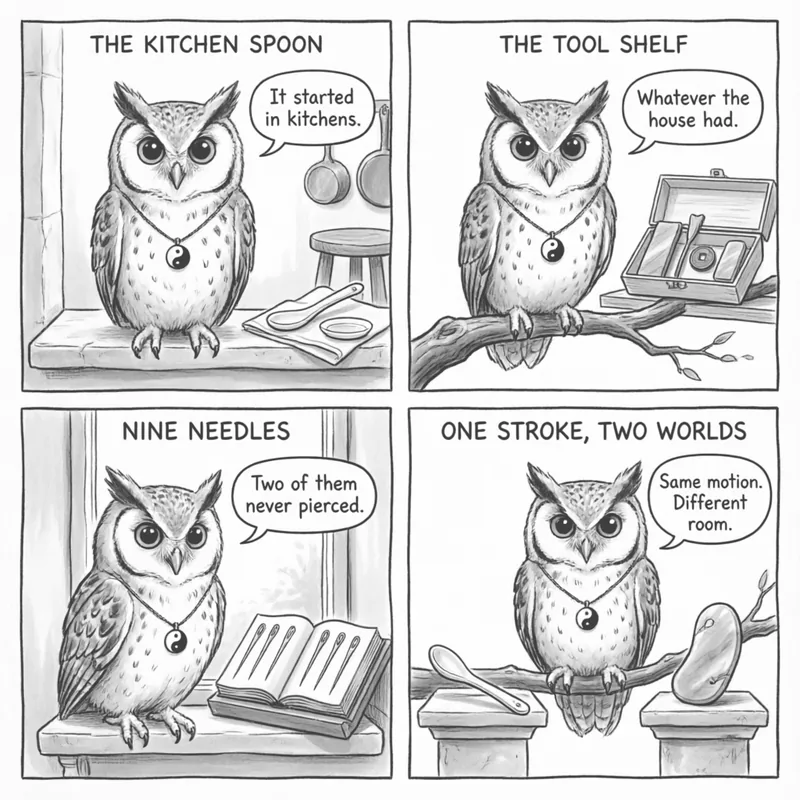 Ollie the screech owl and gua sha: the kitchen spoon, the old tools and texts, the scrape on oiled skin, and the modern jade stone, in four panels