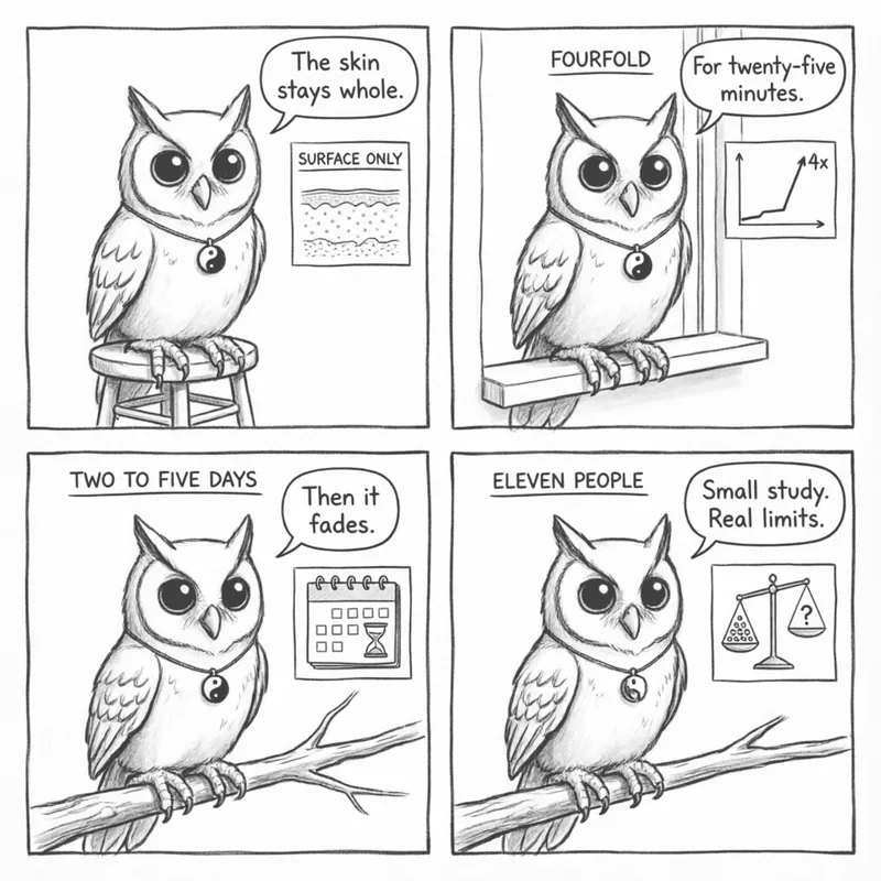 Ollie the screech owl and the evidence: what a scrape does to surface tissue, local blood flow measurements, the limits of small trials, and the honest unknown, in four panels