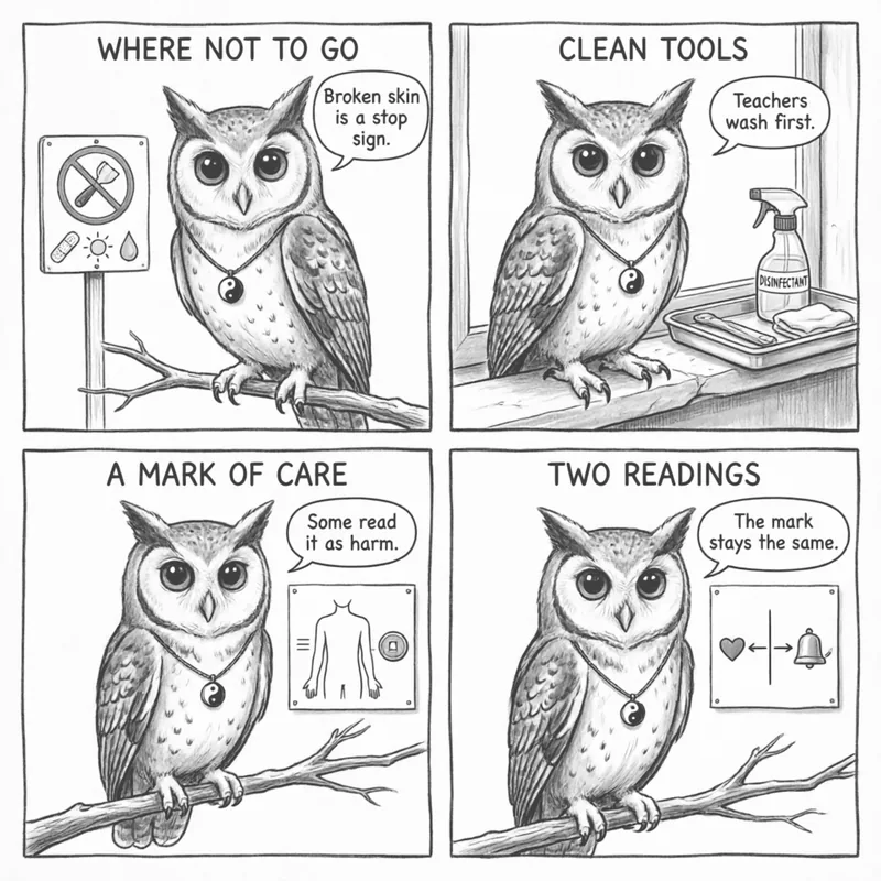 Ollie the screech owl and safety and meaning: where the tool should not go, clean tools, a coin-scraped back read as care, and the same mark read two ways, in four panels