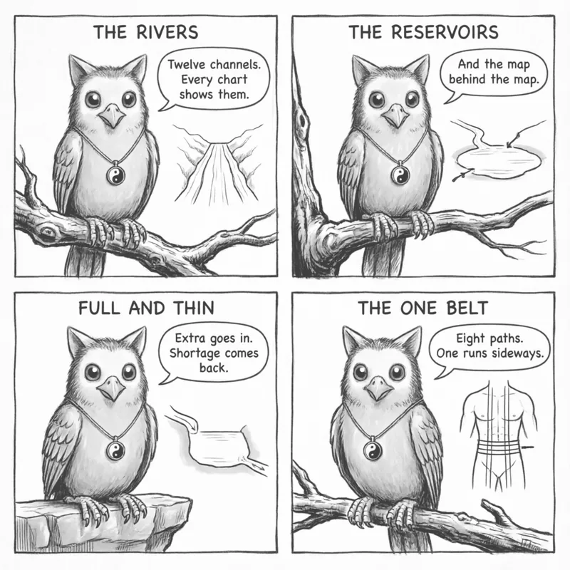 Ollie the screech owl and the two-layer channel map: the twelve rivers, the reservoir they feed, the full-and-thin exchange, and the single belt line, in four panels
