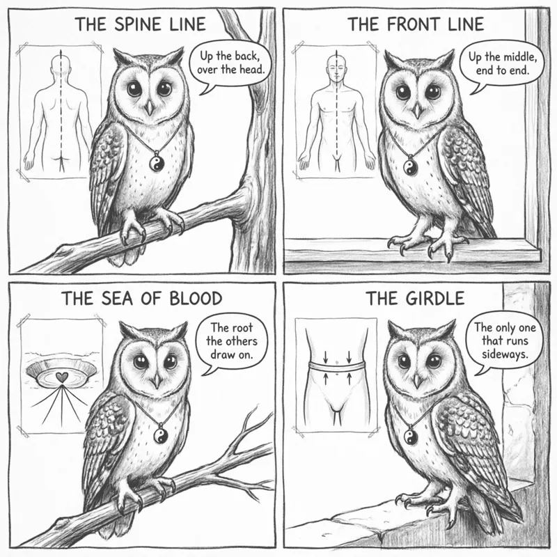 Ollie the screech owl and the four midline landmarks: the spine line, the front line, the sea of blood, and the girdle vessel, in four panels