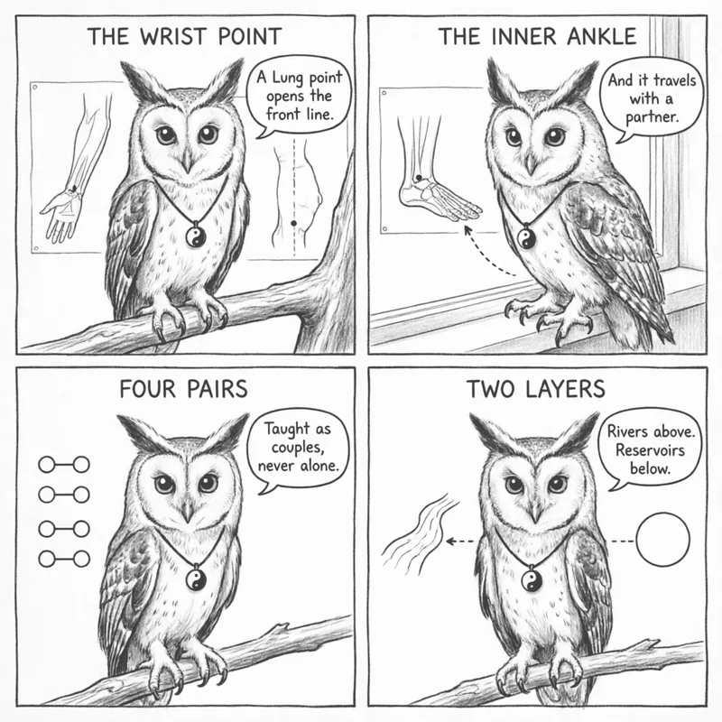 Ollie the screech owl and the confluent points: the wrist point, the inner ankle point, four matched pairs, and the two layers joined, in four panels