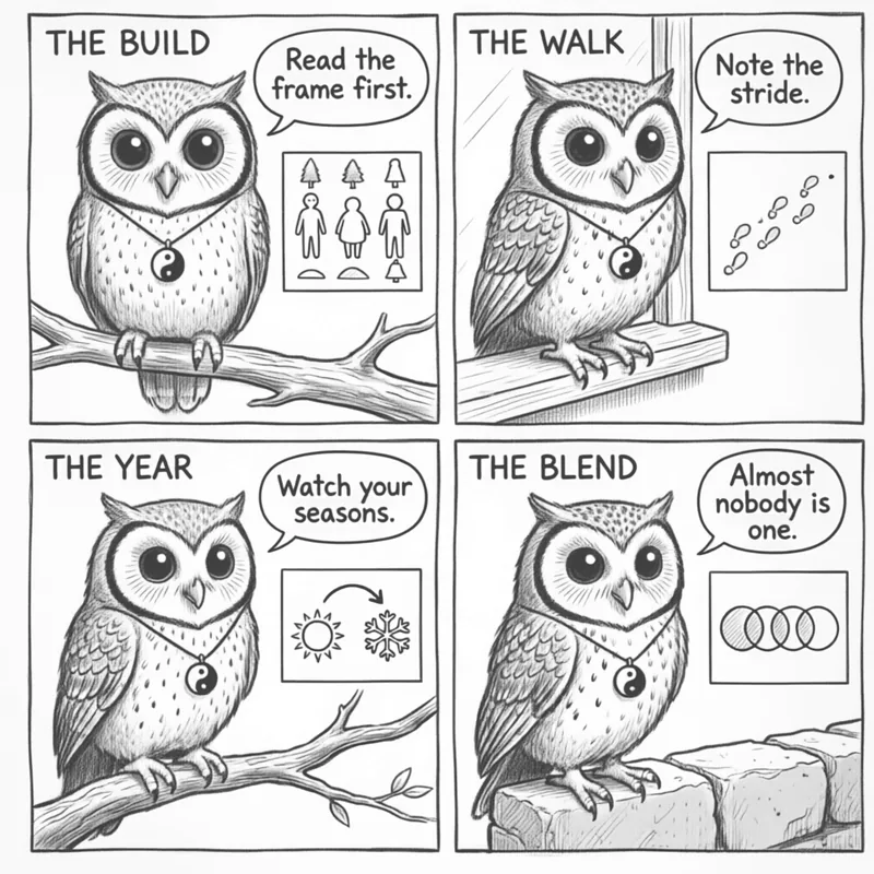 Ollie the screech owl reading the build: body outlines, a walking stride, the seasonal year, and overlapping blends, in four panels