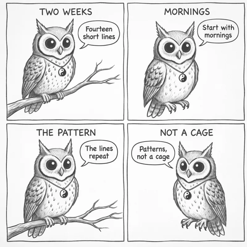 Ollie the screech owl and the notebook: two weeks of lines, morning marks, a pattern chart, and a way out of the box, in four panels