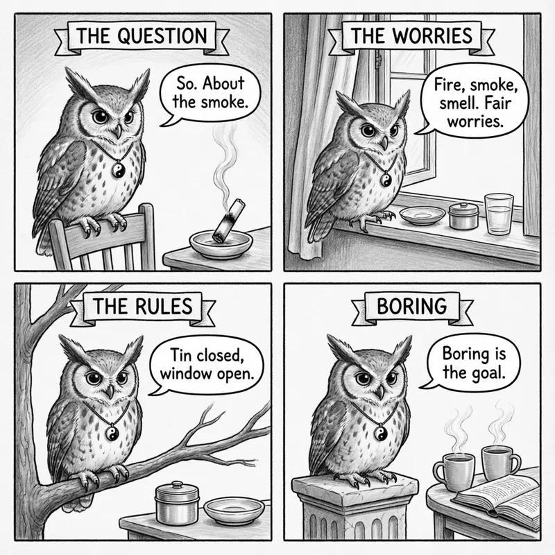 Ollie the screech owl and the household conversation: a smoldering moxa stick, the worries about fire and smoke, the house rules, and a quiet evening, in four panels