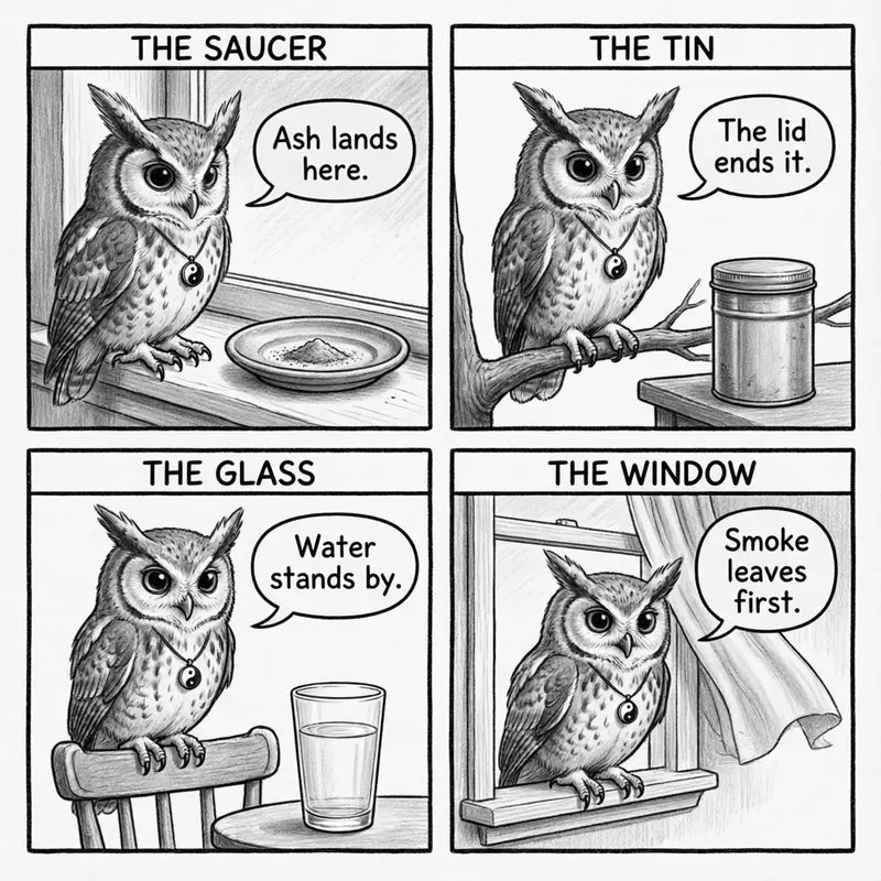 Ollie the screech owl and the containment set: a ceramic saucer for ash, a lidded metal tin, a glass of water, and an open window, in four panels