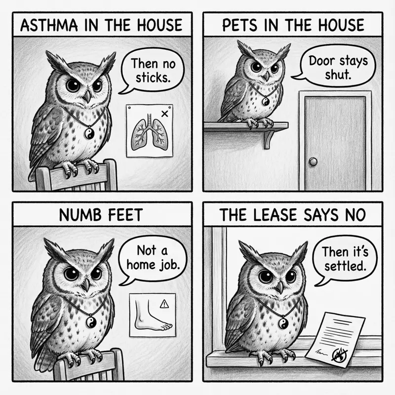 Ollie the screech owl and the house rules: asthma means no smoke, pets stay behind a closed door, numb feet need a practitioner, and a lease that says no, in four panels