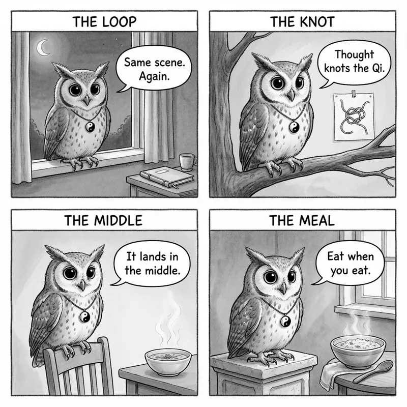 Ollie the screech owl and the overthinking loop: a midnight replay, a knotted thought, a tight middle, and a quiet meal, in four panels