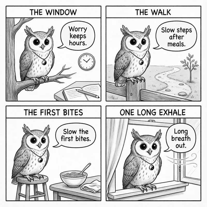 Ollie the screech owl and four small habits: a worry window, an after-meal walk, unhurried first bites, and one long exhale, in four panels