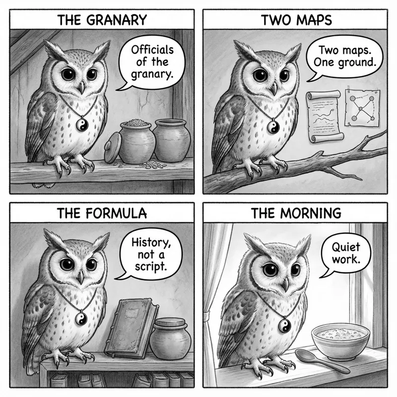 Ollie the screech owl and the classical layer: granary jars, two maps side by side, an old formula book, and a quiet morning bowl, in four panels