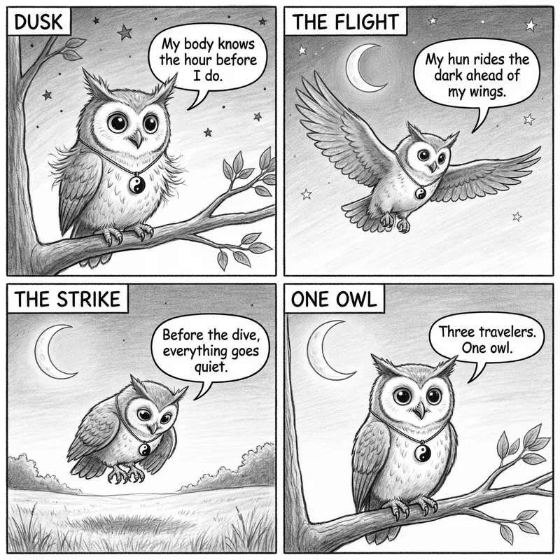 Ollie the screech owl and the night shift of the mind: dusk on the branch, a glide beneath the moon, a still hover before the dive, and one calm owl, in four panels