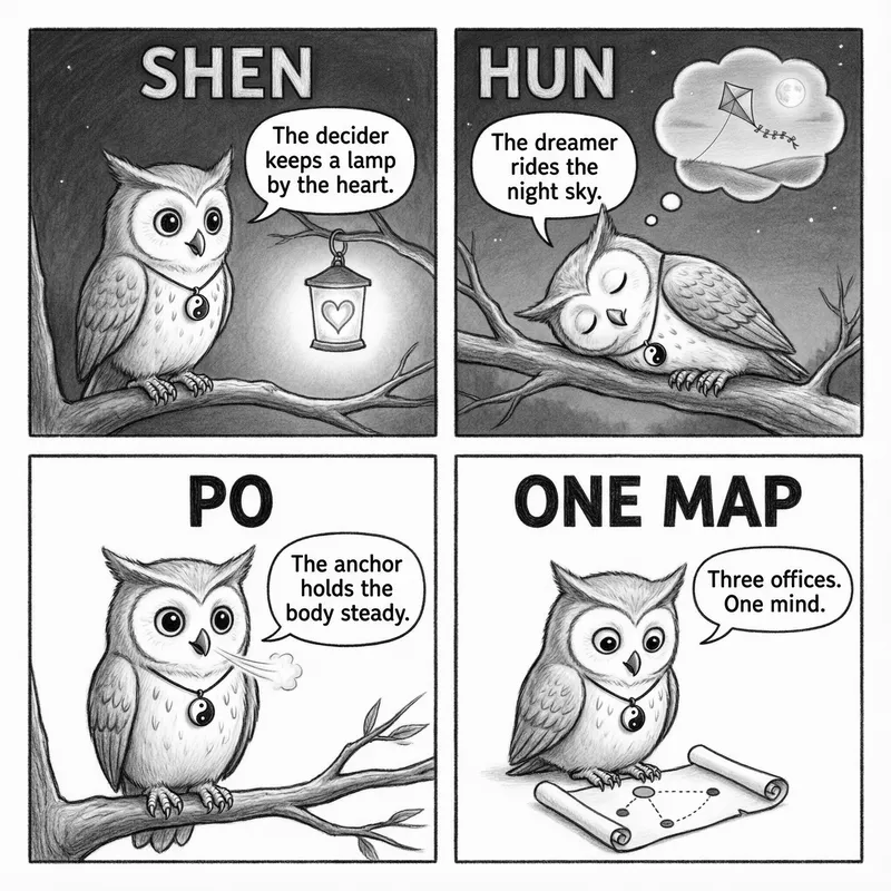 Ollie the screech owl and the old map: a lantern for shen, a dream of a kite for hun, a grounded stance for po, and a scroll of three offices, in four panels