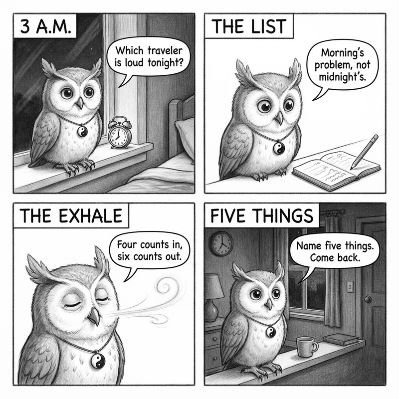 Ollie the screech owl and a 3 a.m. waking: an alarm clock in the dark, a notebook by the lamp, a long exhale, and five named objects, in four panels