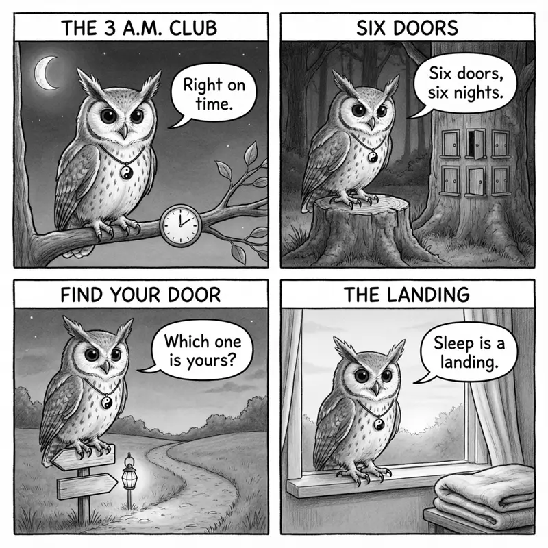 Ollie the screech owl and the six doors of night: an owl on watch at 3 a.m., six small doors in a tree, a signpost on a night path, and a quiet dawn landing, in four panels